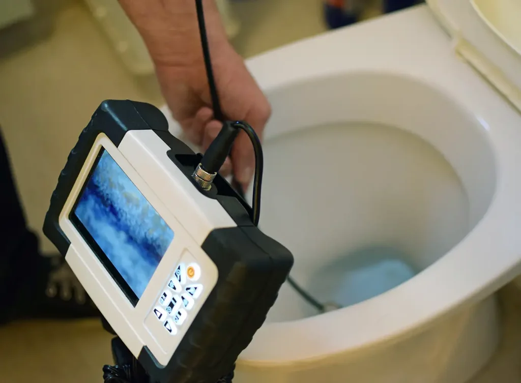 plumber performing a camera inspection on a toilet to check the pipes alton illinois